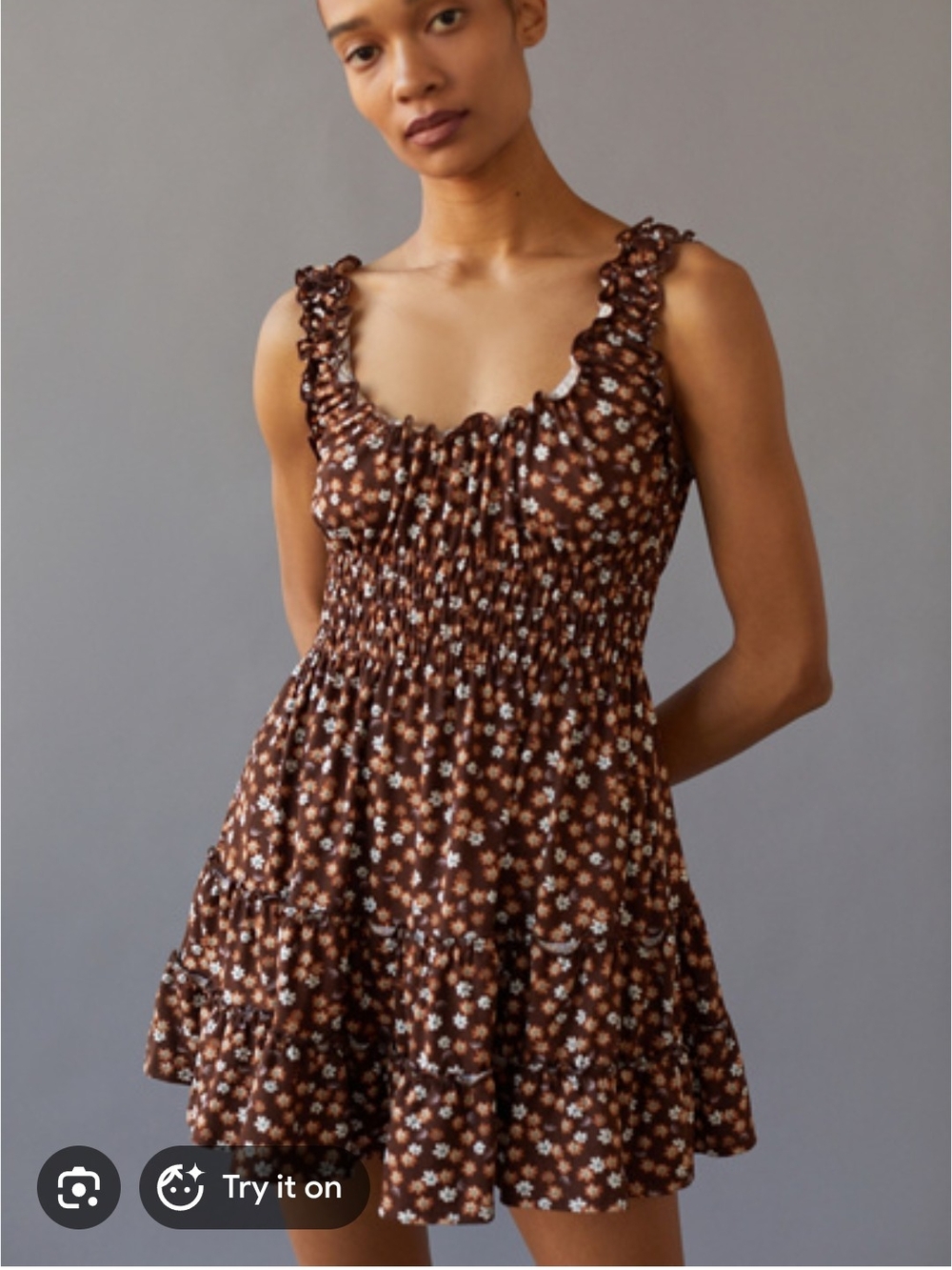 Urban Outfitters UO Lizzy Smocked Floral Mini Dress Brown